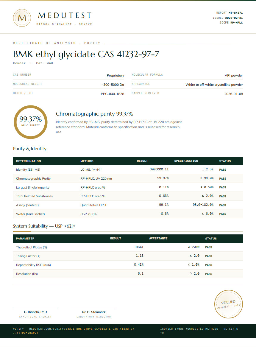BMK ethyl glycidate CAS 41232-97-7 Purity Test Report by Medutest