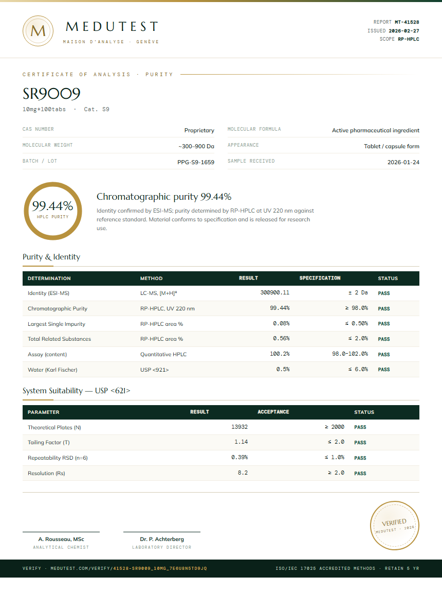 SR9009 Purity Test Report by Medutest