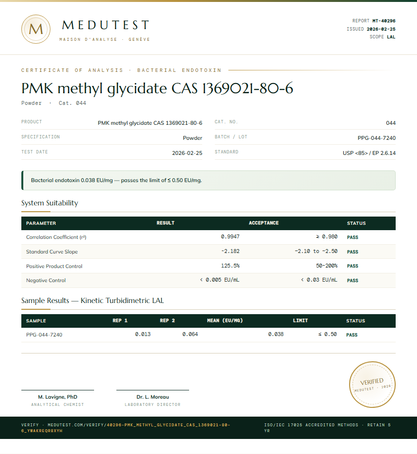 PMK methyl glycidate CAS 1369021-80-6 Endotoxin report by Medutest