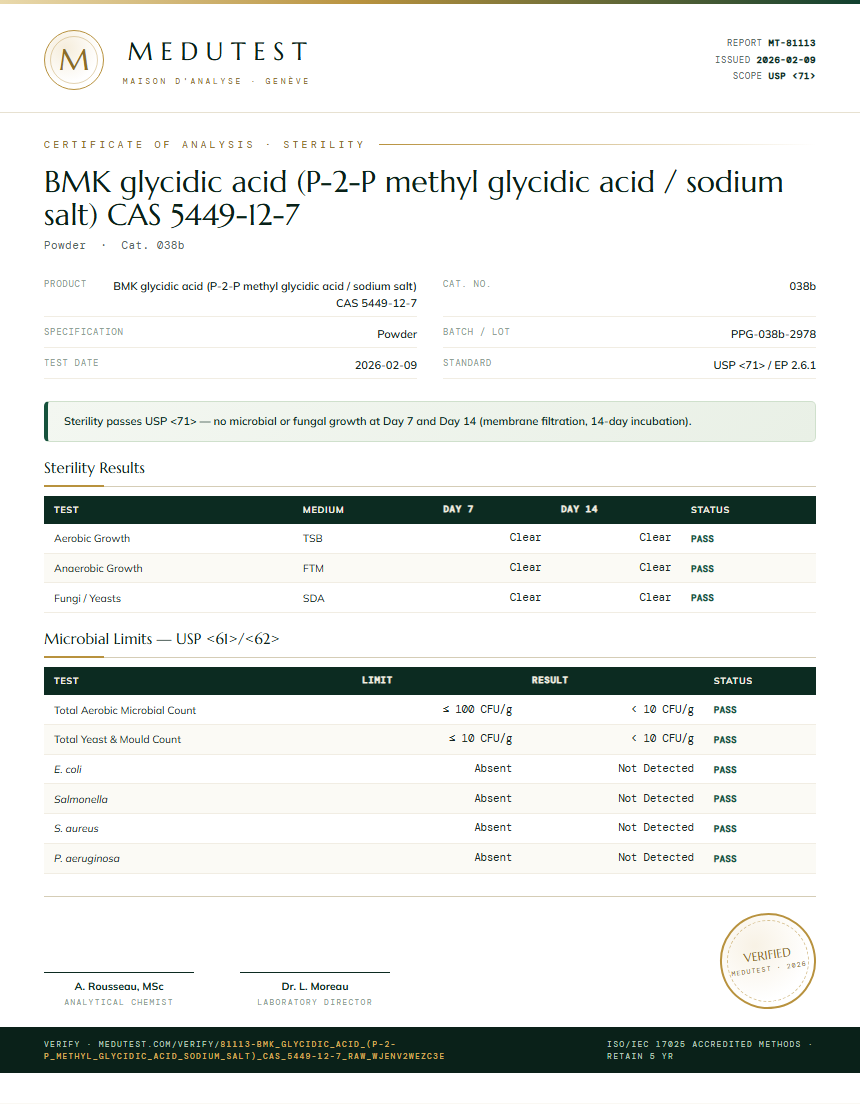 BMK glycidic acid (P-2-P methyl glycidic acid / sodium salt) CAS 5449-12-7 Sterility report by Medutest
