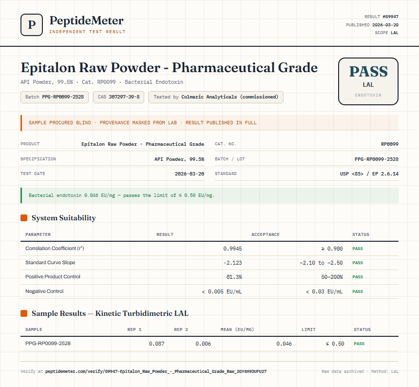 Epitalon Raw Powder - Pharmaceutical Grade Endotoxin report by PeptideMeter