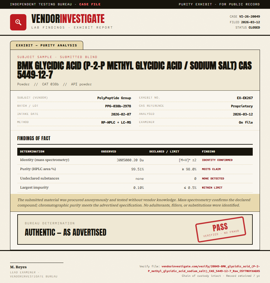 BMK glycidic acid (P-2-P methyl glycidic acid / sodium salt) CAS 5449-12-7 Purity (HPLC) report by VendorInvestigate
