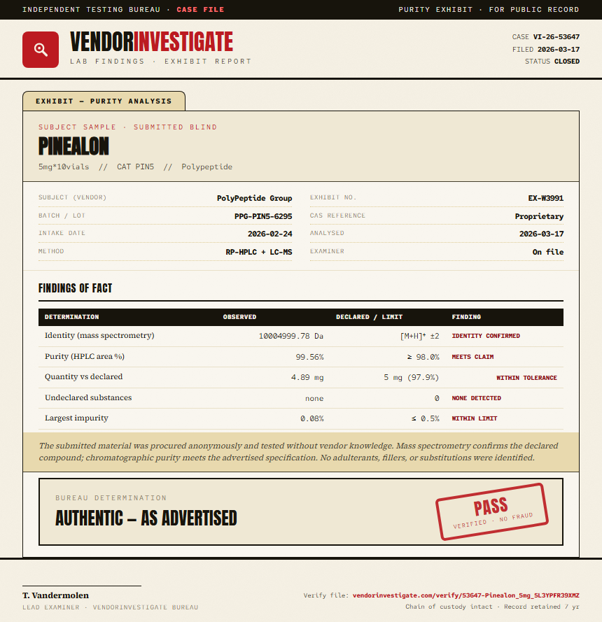 Pinealon Purity (HPLC) report by VendorInvestigate