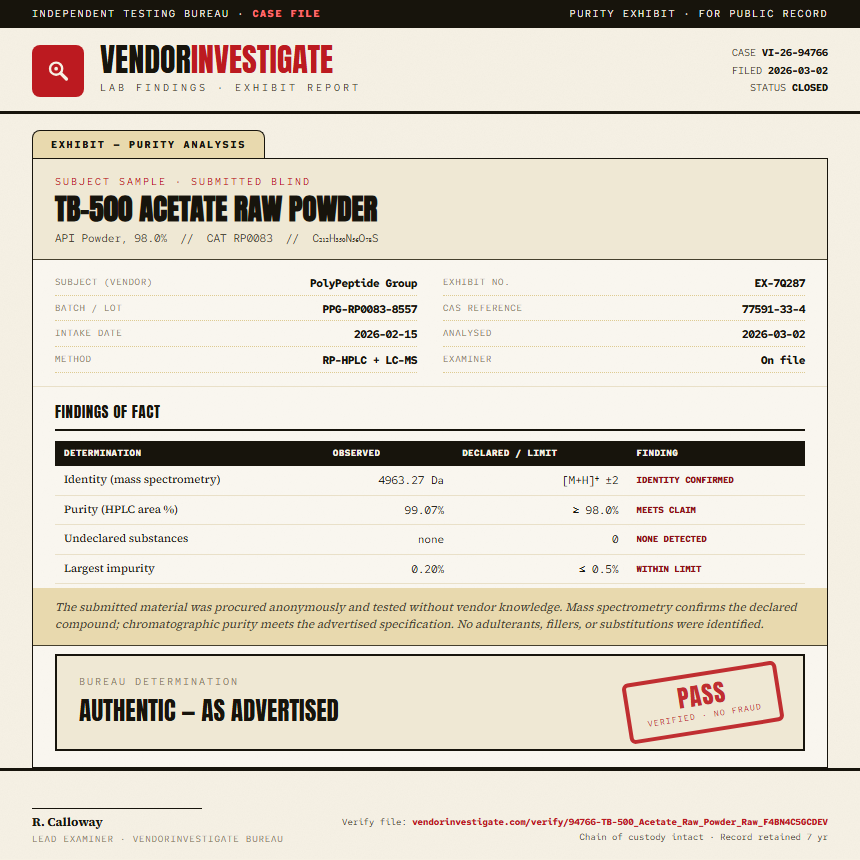 TB-500 Acetate Raw Powder Purity (HPLC) report by VendorInvestigate