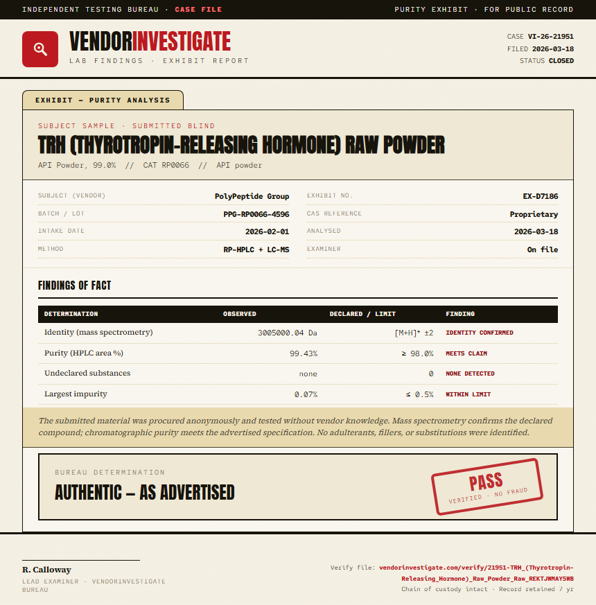 TRH (Thyrotropin-Releasing Hormone) Raw Powder Purity (HPLC) report by VendorInvestigate