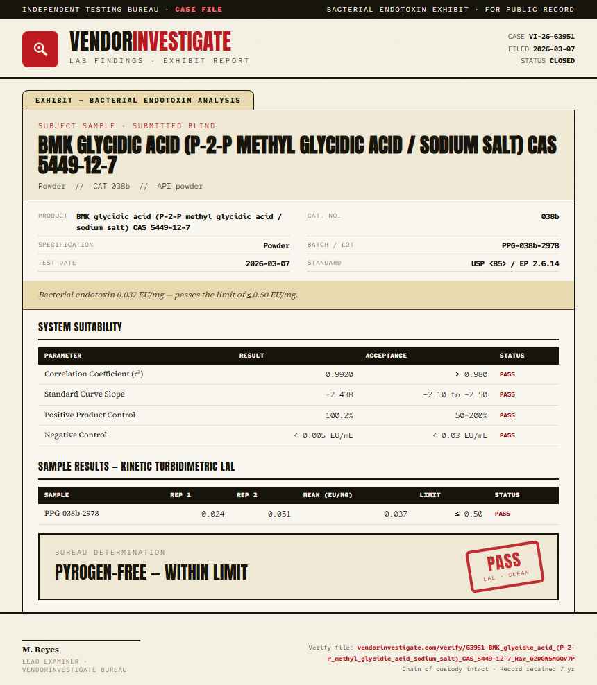 BMK glycidic acid (P-2-P methyl glycidic acid / sodium salt) CAS 5449-12-7 Endotoxin report by VendorInvestigate