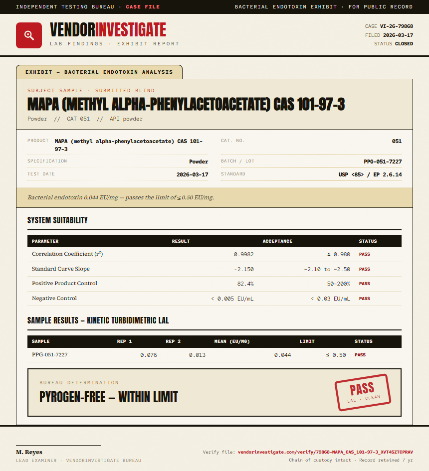 MAPA (methyl alpha-phenylacetoacetate) CAS 101-97-3 Endotoxin report by VendorInvestigate